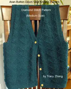 aran button down vest knitting pattern diamond stitch pattern book cover image