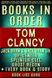 Tom Clancy Books in Order: Jack Ryan series, Jack Ryan Jr series, John Clark, Op-Center, Splinter Cell, Ghost Recon, Net Force, EndWar, Power Plays, short stories, standalone novels, and nonfiction, plus a Tom Clancy biography. sinopsis y comentarios