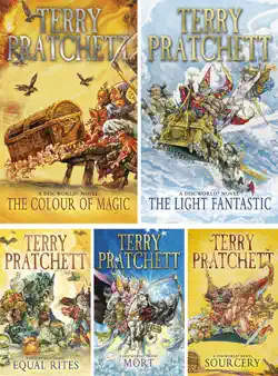 discworld series by terry pratchett volume i: the colour of magic, the light fantastic, equal rites, mort, sourcery. book cover image