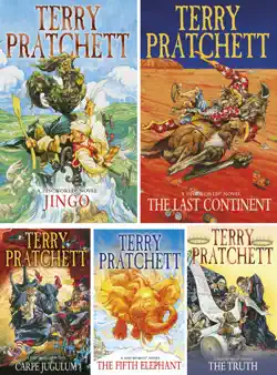 discworld series by terry pratchett volume v: jingo, the last continent, carpe jugulum, the fifth elephant, the truth. book cover image